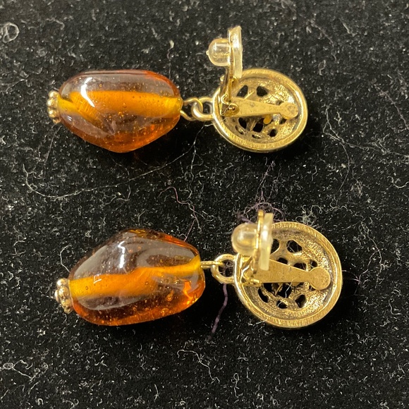 Amber Goldtone Dangle Clip Earrings - Picture 3 of 6